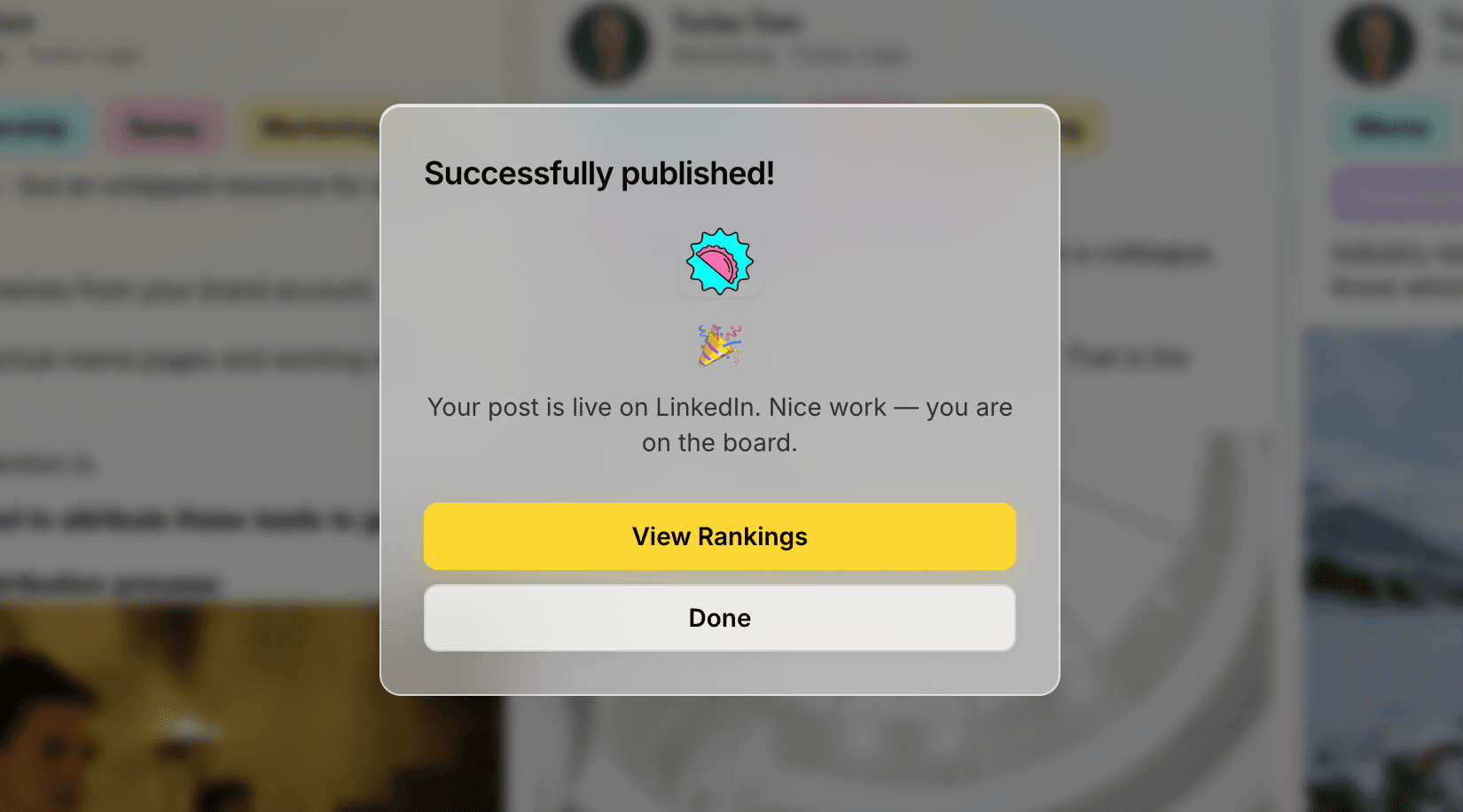 Successfully published confirmation after posting to LinkedIn from Empanada