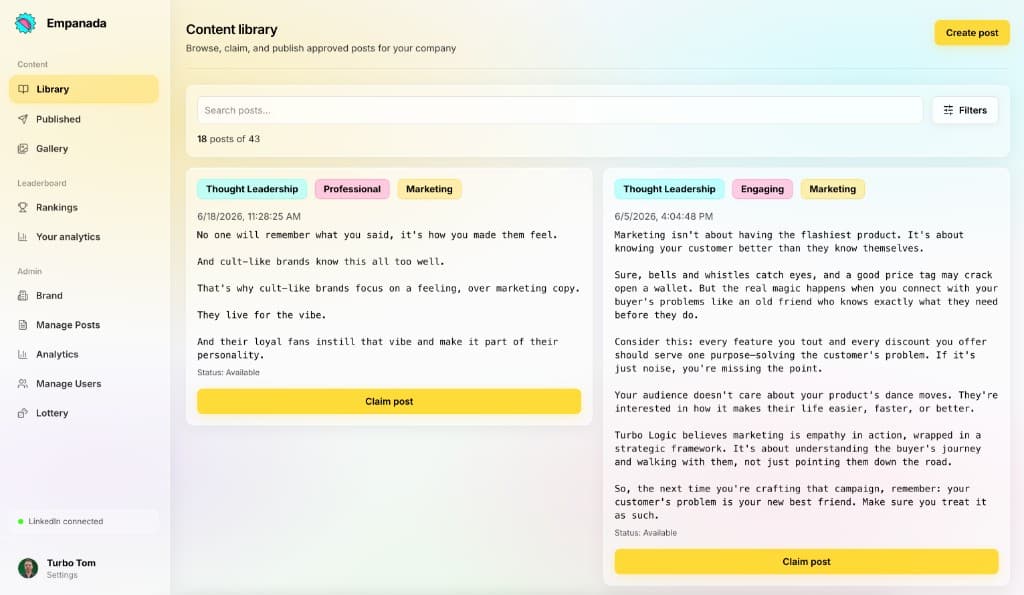 Empanada Content Library showing approved LinkedIn posts with tags, search, and Claim post buttons