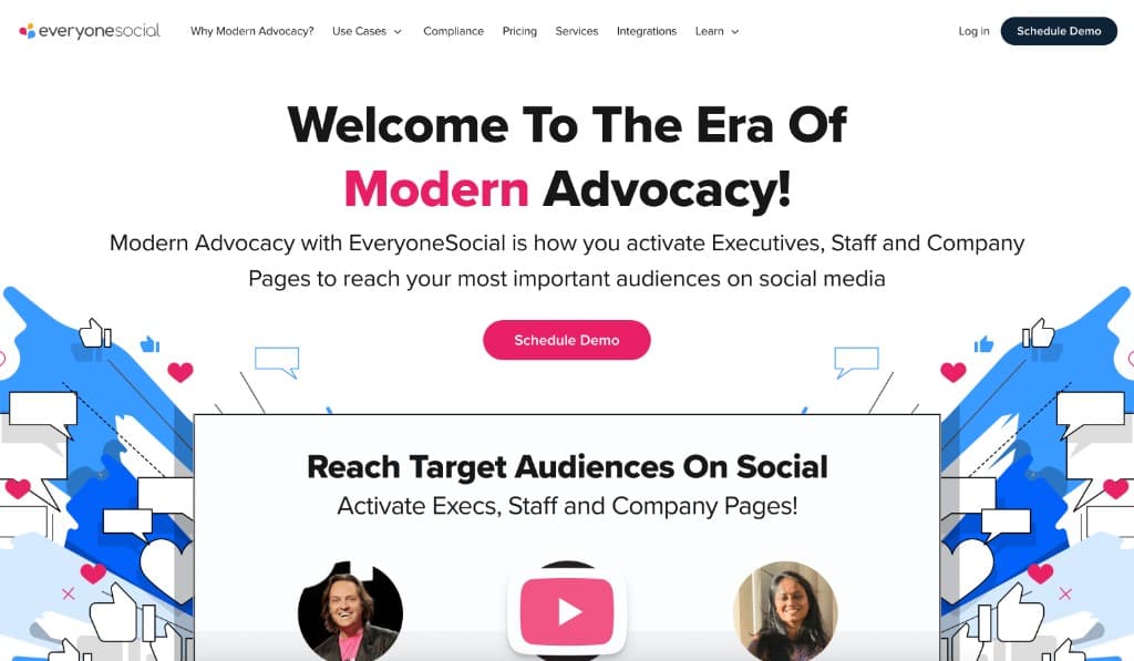 EveryoneSocial homepage promoting modern advocacy for executives, staff, and company pages