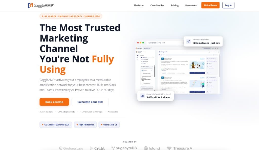 GaggleAMP homepage highlighting employee amplification, Slack and Teams integration, and ROI calculator