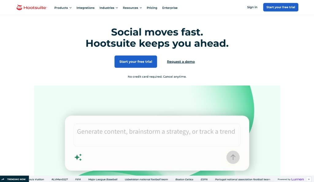 Hootsuite homepage with AI content generation prompt and social trend tracking