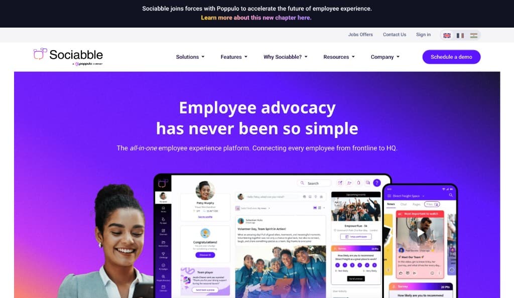 Sociabble employee advocacy platform with desktop and mobile interfaces for frontline to HQ teams